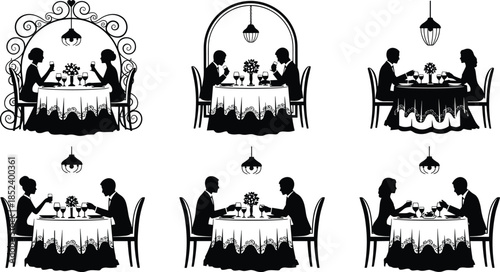Romantic couple silhouette set for dinner date and wedding anniversary featuring lovers eating at restaurant table isolated on white background