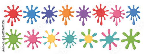 Color ink blots with colorful paint splatters and drips in organic splashes featuring bright playful bold abstract graffiti spots for kids art and pop art design.