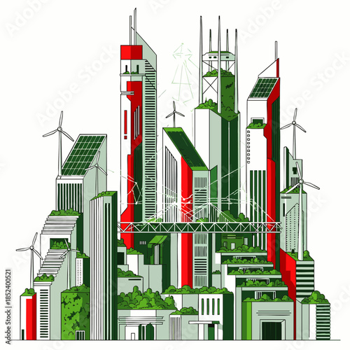 Futuristic sustainable city illustration showcasing green architecture, solar panels, wind turbines, and lush urban gardens for an eco-friendly smart metropolis.