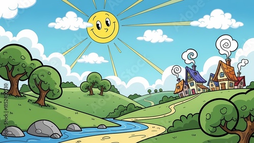cartoon illustration of a village