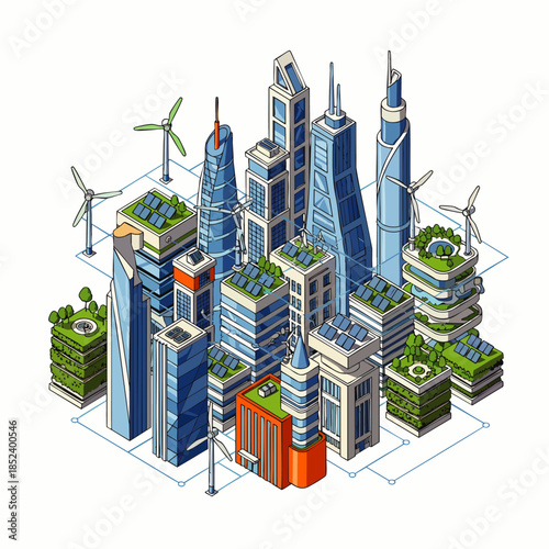 Isometric Smart City: Modern skyscrapers, solar panels, green roofs, wind turbines. Sustainable urban development, eco-friendly technology, future architecture.