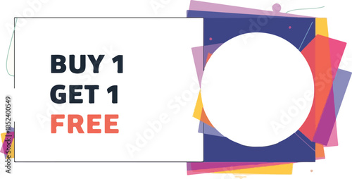 A colorful promotional banner with a white rectangle featuring a buy one get one free offer on a multicolored abstract background. Perfect for advertising, sales promotions, and marketing