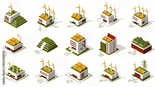 Isometric collection of sustainable buildings with solar panels and wind turbines, representing green energy, smart city concepts, and eco-friendly technology.