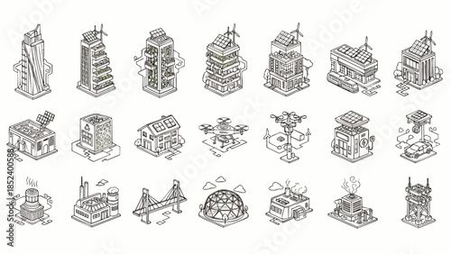 Isometric line art set: Futuristic smart city buildings, sustainable architecture. Green tech, solar panels, wind turbines, modern urban development.