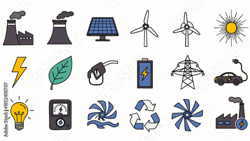 Set of hand-drawn icons representing renewable and traditional energy sources and related concepts