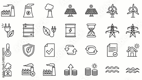 Set of clean energy and environment icons: solar panels, wind turbines, factory, electricity, leaves, hourglass, thermometer, shield, document, recycle, house, waves