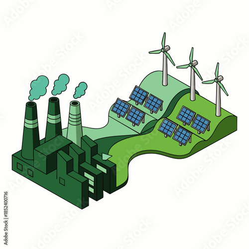 Green energy transition: factory pollution contrasted with solar panels and wind turbines on rolling hills