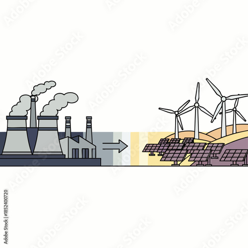 Transition from industrial pollution to renewable energy sources like wind turbines and solar panels, symbolizing environmental change.