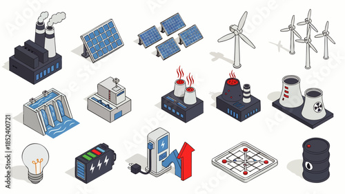 Set of isometric icons representing various energy sources and power generation methods, including industry and technology