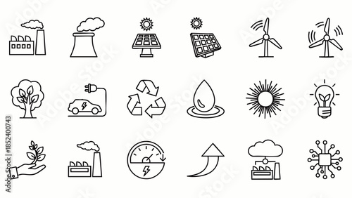 Set of eco-friendly technology icons: solar panels, wind turbines, electric car, recycling, clean energy, sustainable growth, and nature.