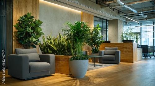 Office reception area with plants, modern furniture. Blurred background