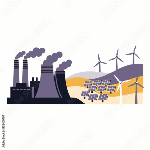 Contrast between polluting fossil fuel power plant and clean renewable energy sources like wind turbines and solar panels