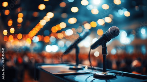 Press conference with microphones and podium. Blurred bokeh background
