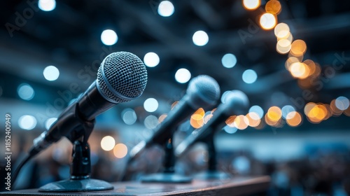 Press conference with microphones and podium. Blurred bokeh background