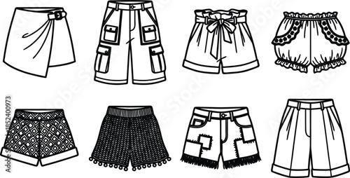 Various styles of shorts and skirts for fashion illustration  different designs and patterns
