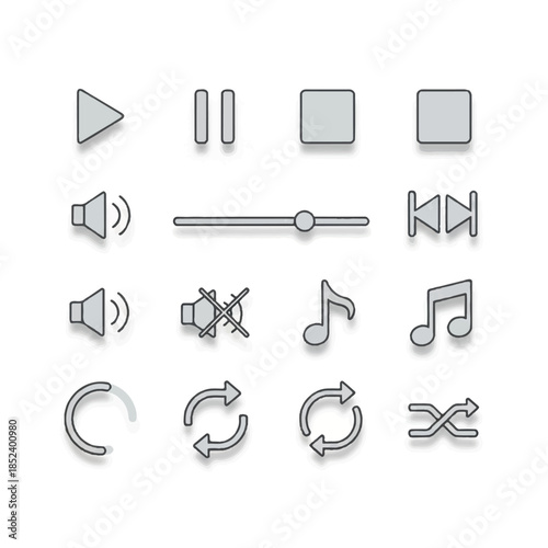 Media Player Icons Set on White Background.