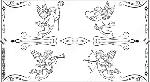 Vintage Cupid line art collection featuring cherubs with bows hearts and trumpets in decorative frames for romantic Valentine Day design,