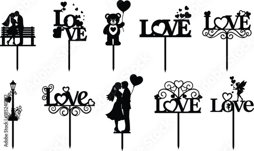 Wedding cake topper silhouette collection featuring love text marriage couples and romantic decorative elements isolated on white background for party design