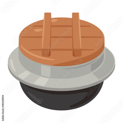 木製蓋付きの釜飯用釜のイラスト／Illustration of a Kamameshi Pot with Wooden Lid.