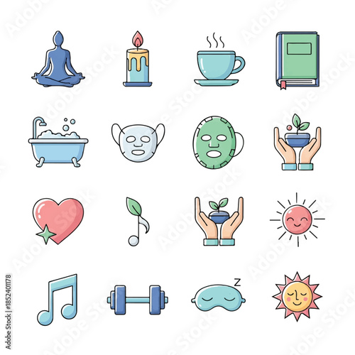 Set of Cartoon Wellness and Self Care Icons.