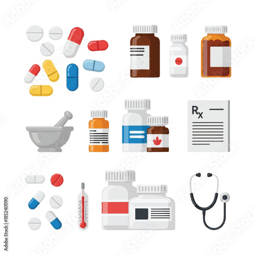 Medical Supplies and Medication Bottles Icons.