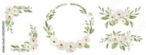 White Watercolor Flower Wreath and Bouquet Set, Greenery Botanical Design