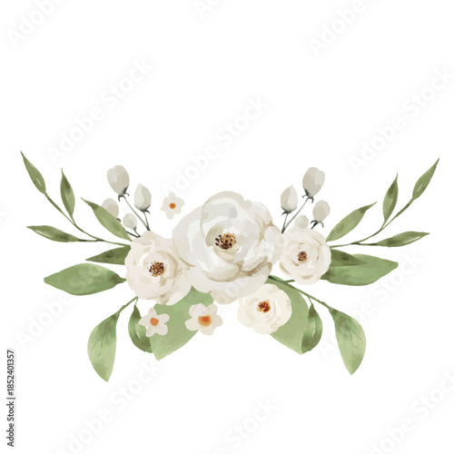 White Watercolor Flower Arrangement with Green Leaves, Elegant Botanical Illustration