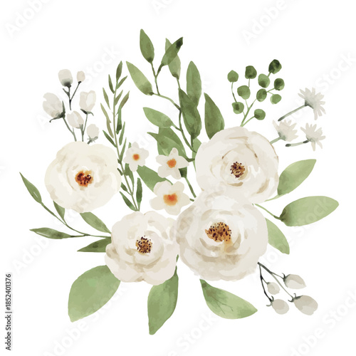 White Roses Watercolor Bouquet with Greenery, Natural Wedding Floral Design
