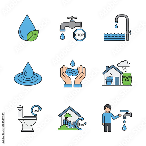 Water Conservation Icons Set Illustration Design.