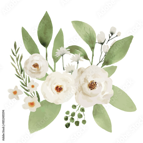 White and Green Watercolor Flower Bouquet, Soft Natural Botanical Style