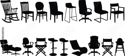 Chair furniture silhouette set, various seating designs collection, modern classic office home stools armchairs isolated vector illustration