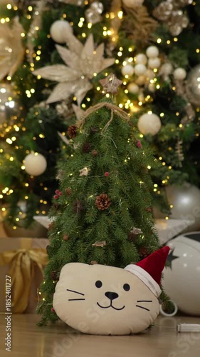 Christmas tree decorated with lights and stuffed animals in a house, vertical format