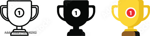 Three First Place Trophy Icons in Black, White, and Yellow