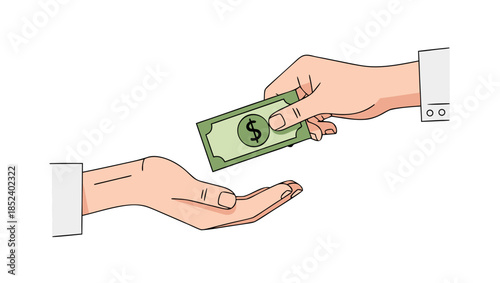 Flat vector illustration of hand giving money banknote to another hand
