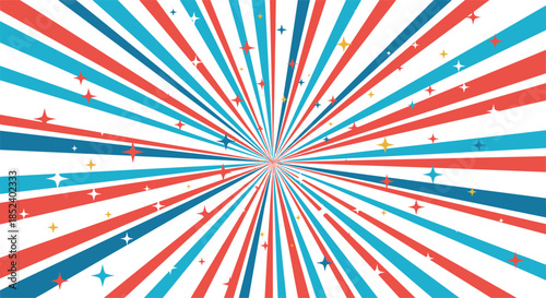 A vibrant and celebratory sunburst background features radiating red, white, and blue stripes with scattered sparkling stars.