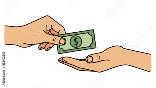 Flat vector illustration of hand giving dollar banknote to another hand