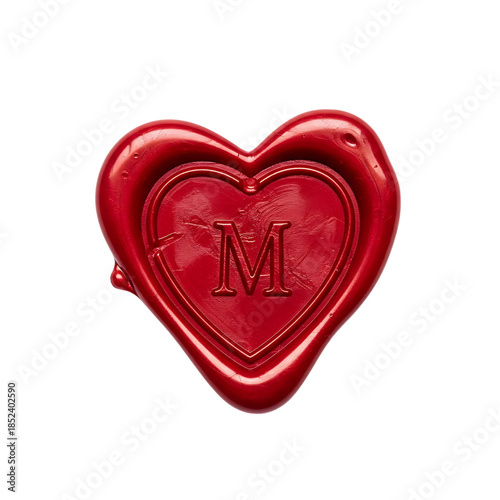 Red heart shaped wax seal stamp isolated on white background for romantic letters wedding invitations and vintage love design