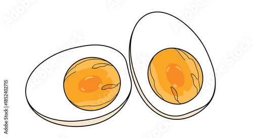 Two halves of a perfectly cooked boiled egg are displayed with bright orange, slightly runny yolks and firm white outlines.
