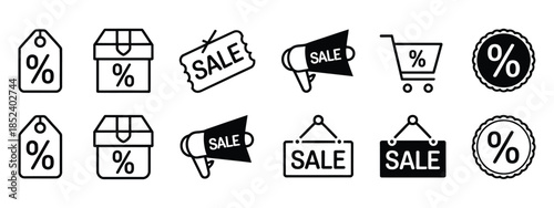 Discount icon set featuring price tags and promotion symbols for retail marketing, shopping sale offers, and commercial clearance events in a clean modern vector illustration style.