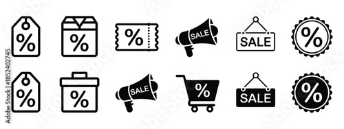 Discount icon set featuring price tags and promotion symbols for retail marketing, shopping sale offers, and commercial clearance events in a clean modern vector illustration style.