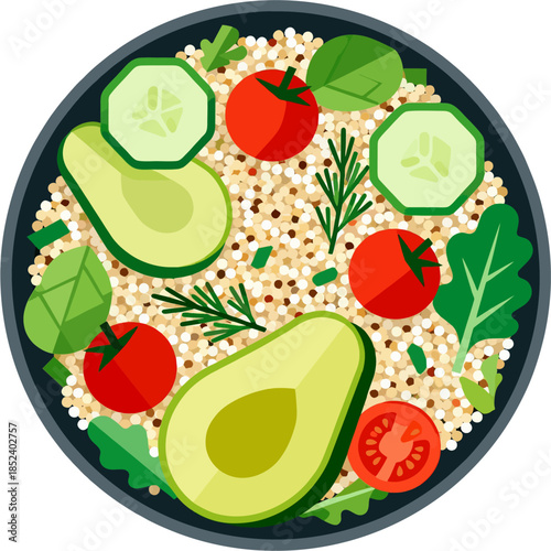 Top View Quinoa Salad Bowl with Avocado, Cucumber, Cherry Tomatoes and Fresh Greens Flat Illustration