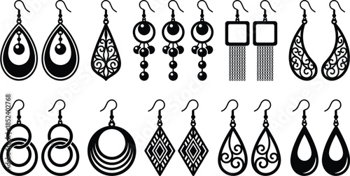 Decorative earrings silhouette set, women fashion jewelry collection, hanging drop hoop designs, modern accessories isolated vector illustration style