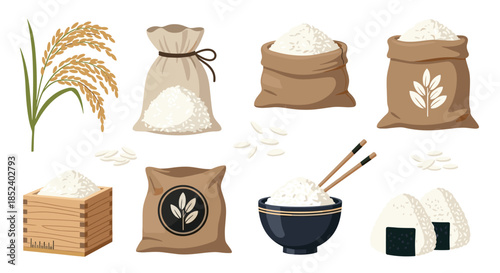 A comprehensive collection of rice-themed illustrations includes a rice plant, various sacks of grain, a bowl, and onigiri.