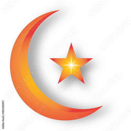 Crescent moon and glowing star icon for islamic culture, ramadan celebration, religious symbol