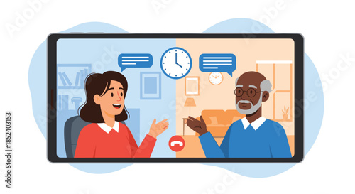 A young woman and an elderly man have a friendly video call on a large tablet screen, connecting across different locations.