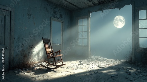 A silent rocking chair sits in a decaying room under the watchful glow of a full moon