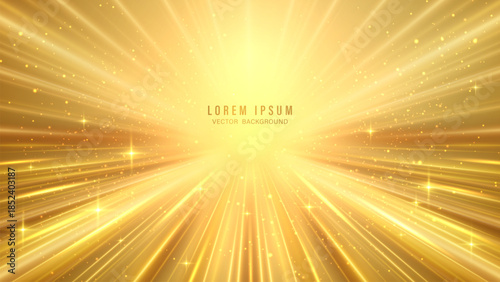 Gold abstract background with glowing light rays and sparkles