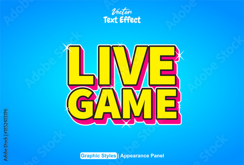 text effect live game with 3d style yellow color and blue background.