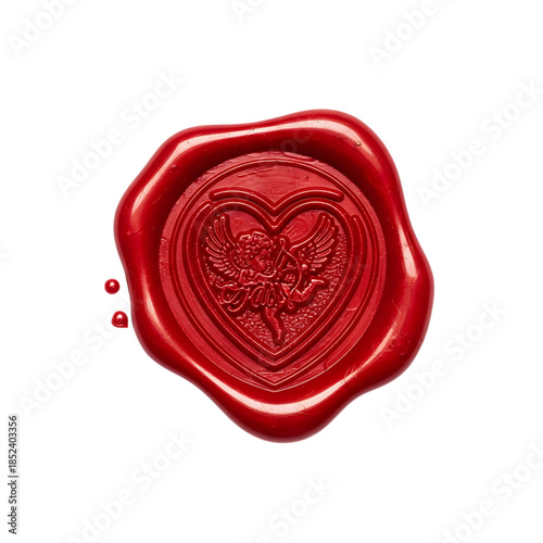 Red wax style heart seal with decorative swirl isolated on white background for romantic letter and vintage love design