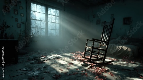 Eerie abandoned room with a rocking chair bathed in sunlight through a dusty window